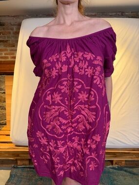 Free People Magenta Embroidered Off-Shoulder Dress